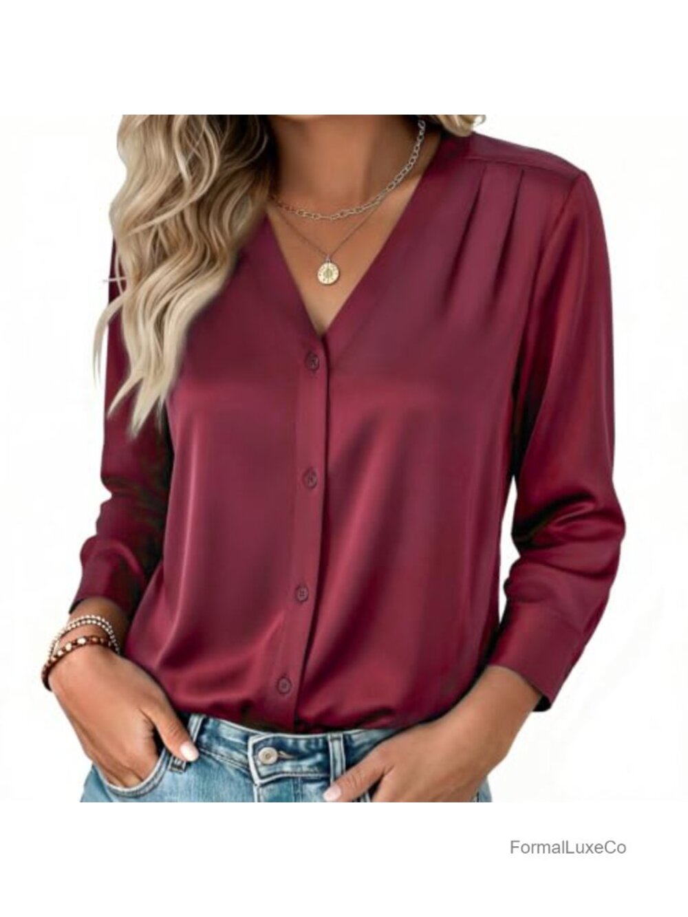 Satin Silk Blouse V Neck Long Sleeve Button Down Shirt